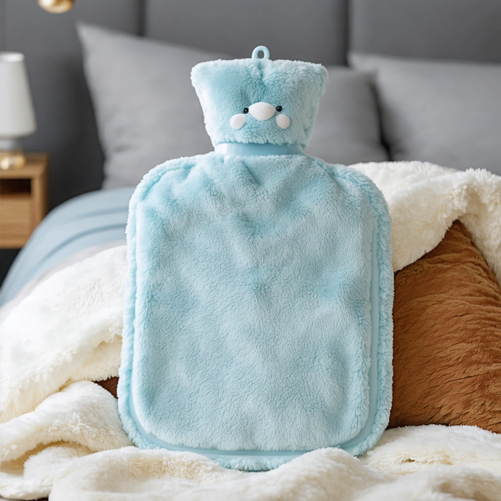 Une bouillotte chaude en textile posée sur une couverture douce, créant une ambiance réconfortante et chaleureuse.