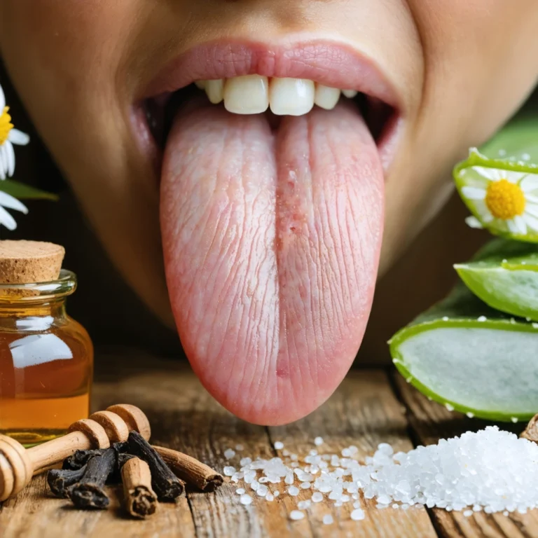 Photo d’une langue avec un petit bouton rouge entourée de remèdes naturels comme miel, sel, clou de girofle, feuille d’aloe vera et fleurs de camomille.