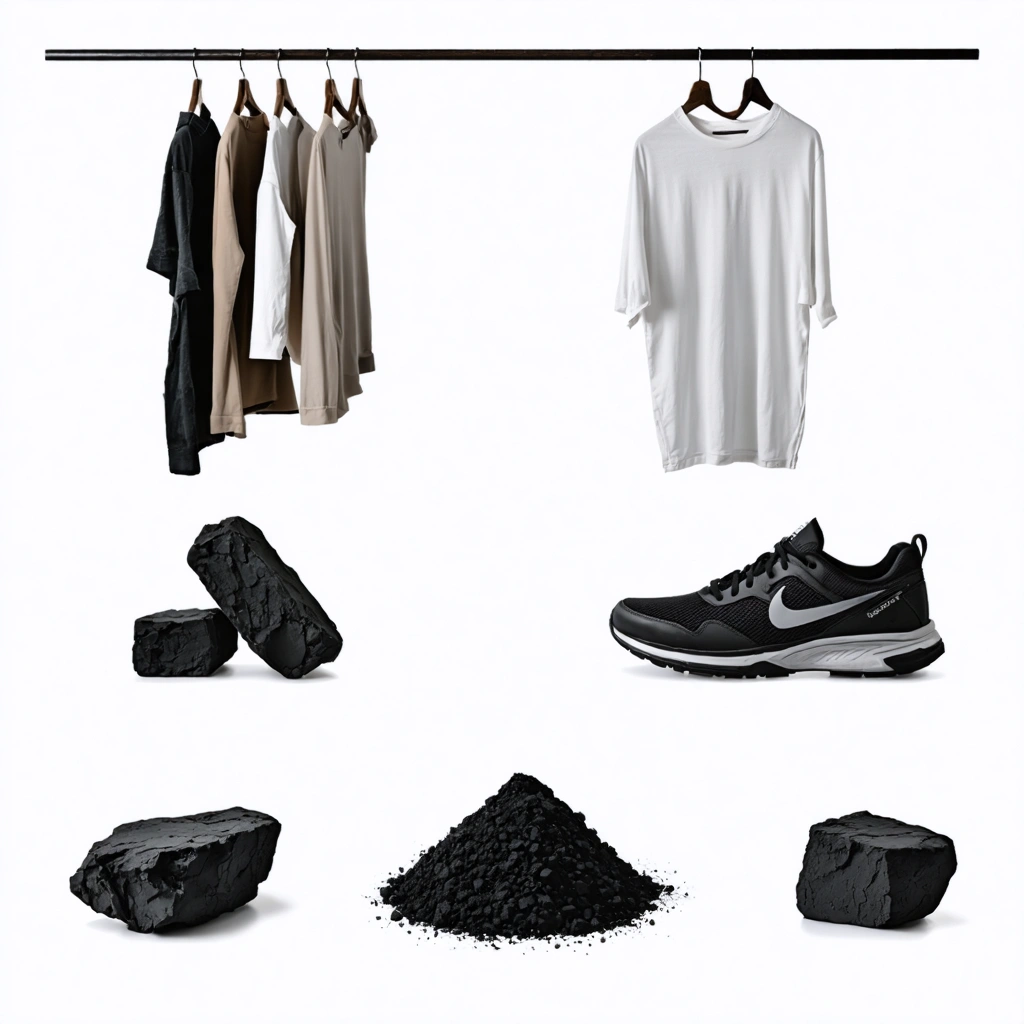 Des morceaux de charbon actif placés dans un placard, sous un lit et dans une chaussure, illustrant leur efficacité comme désodorisant naturel et absorbeur d'humidité.