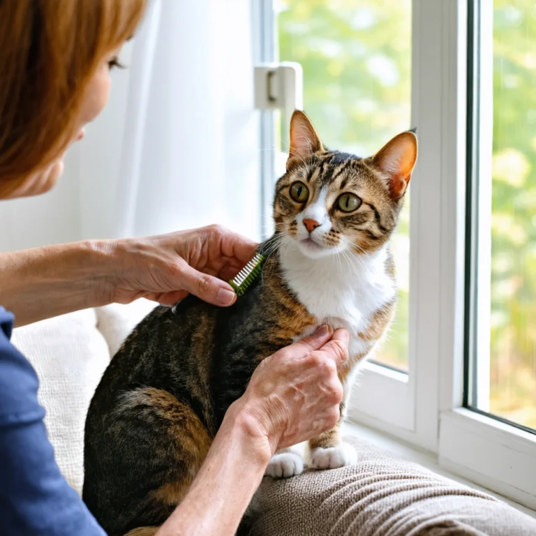 Chat calme étant brossé par une femme âgée près d'une fenêtre ensoleillée