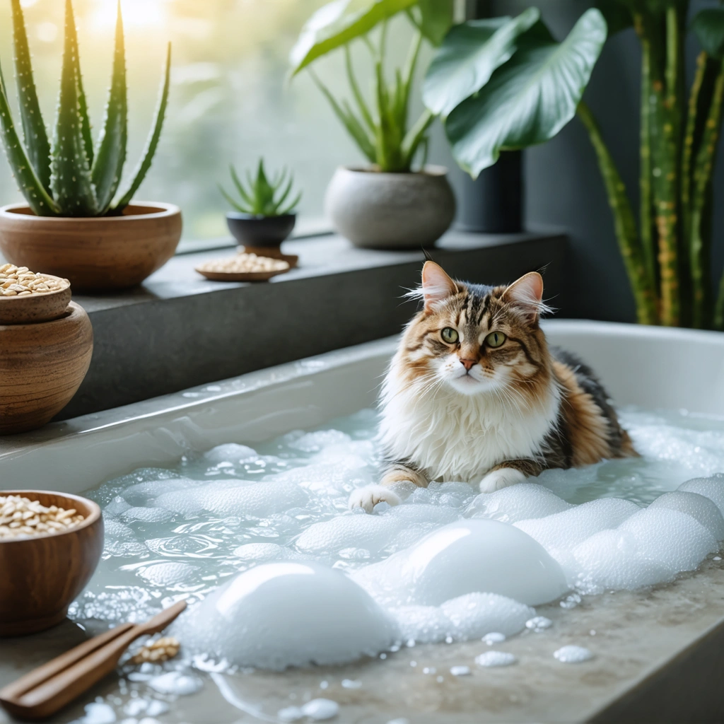 Un chat assis près d'une baignoire remplie de bulles, entouré d'éléments naturels comme des feuilles d'aloe vera et des bols d'avoine, dans une ambiance calme et apaisante.