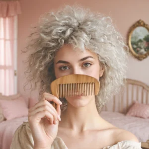 Une femme utilisant un peigne en bois sur ses cheveux électriques dans un cadre vintage.