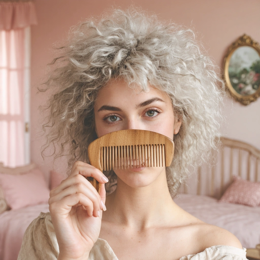 Une femme utilisant un peigne en bois sur ses cheveux électriques dans un cadre vintage.