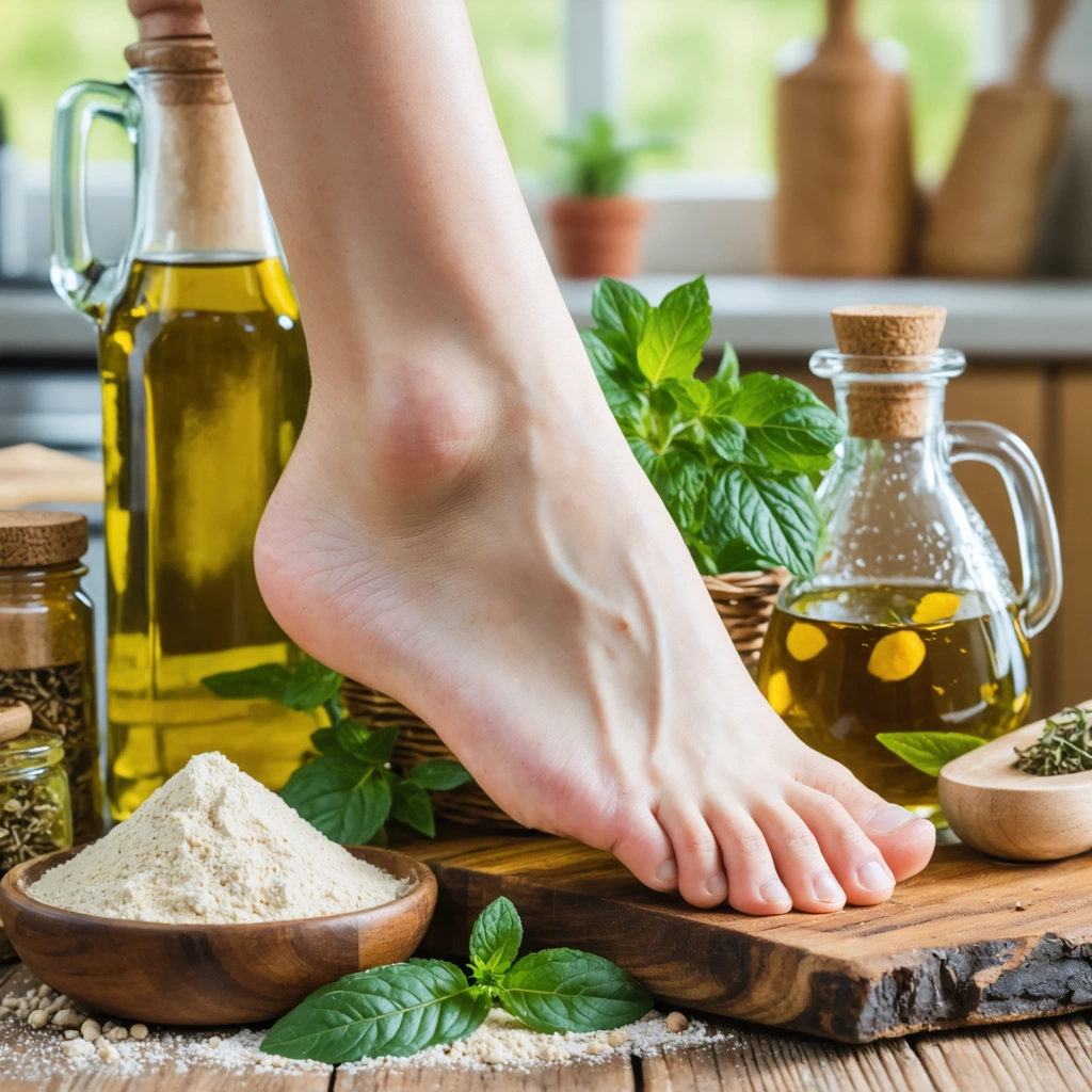 Une cheville gonflée entourée de remèdes naturels comme l'argile, le vinaigre de cidre et une infusion de persil.