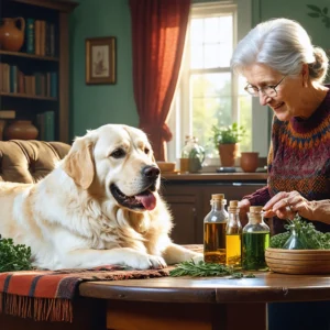 Un chien allongé paisiblement pendant qu'une grand-mère prépare des remèdes naturels sur une table.