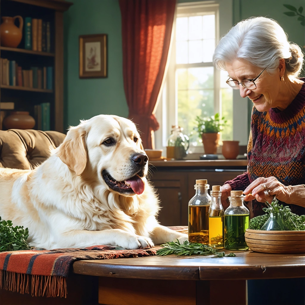 Un chien allongé paisiblement pendant qu'une grand-mère prépare des remèdes naturels sur une table.