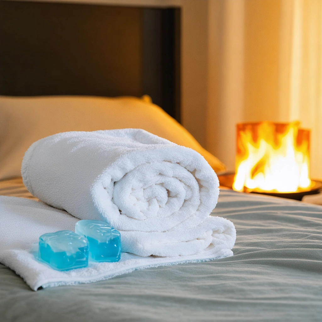 Une poche de glaçons enveloppée dans un linge et un coussin chauffant, symbolisant les deux options de thermothérapie pour soulager les épaules.