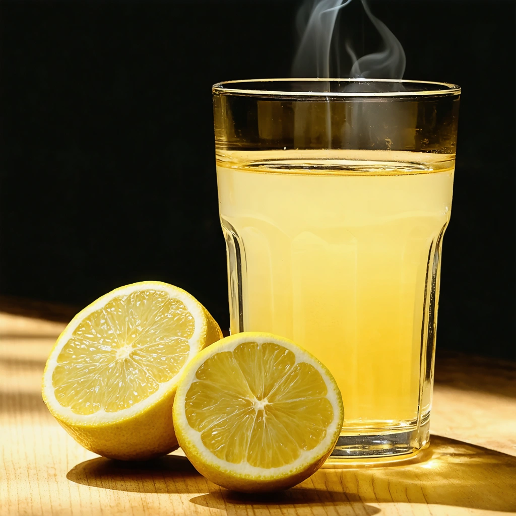 Un citron jaune vif coupé en deux à côté d'un verre d'eau tiède fumante, le tout posé sur une surface en bois rustique éclairée par une lumière naturelle.