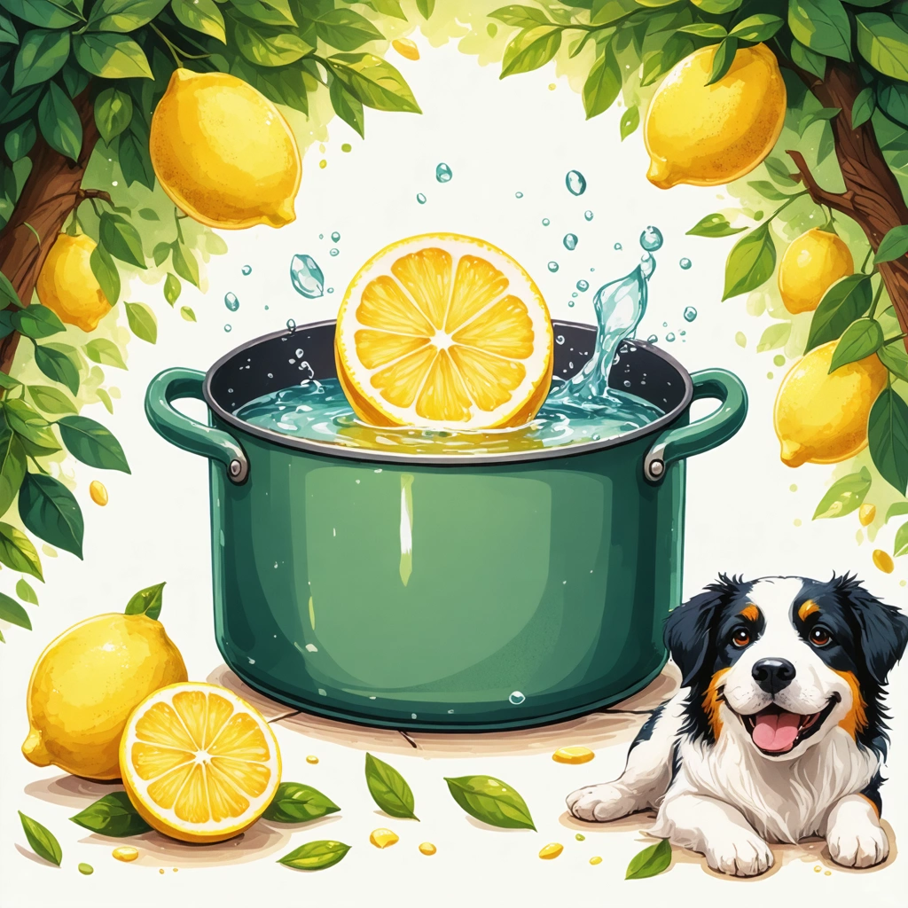 Une tranche de citron en train de bouillir dans une casserole d'eau dans un environnement naturel, avec un chien heureux à côté, illustrant l'utilisation naturelle du citron pour éloigner les puces.