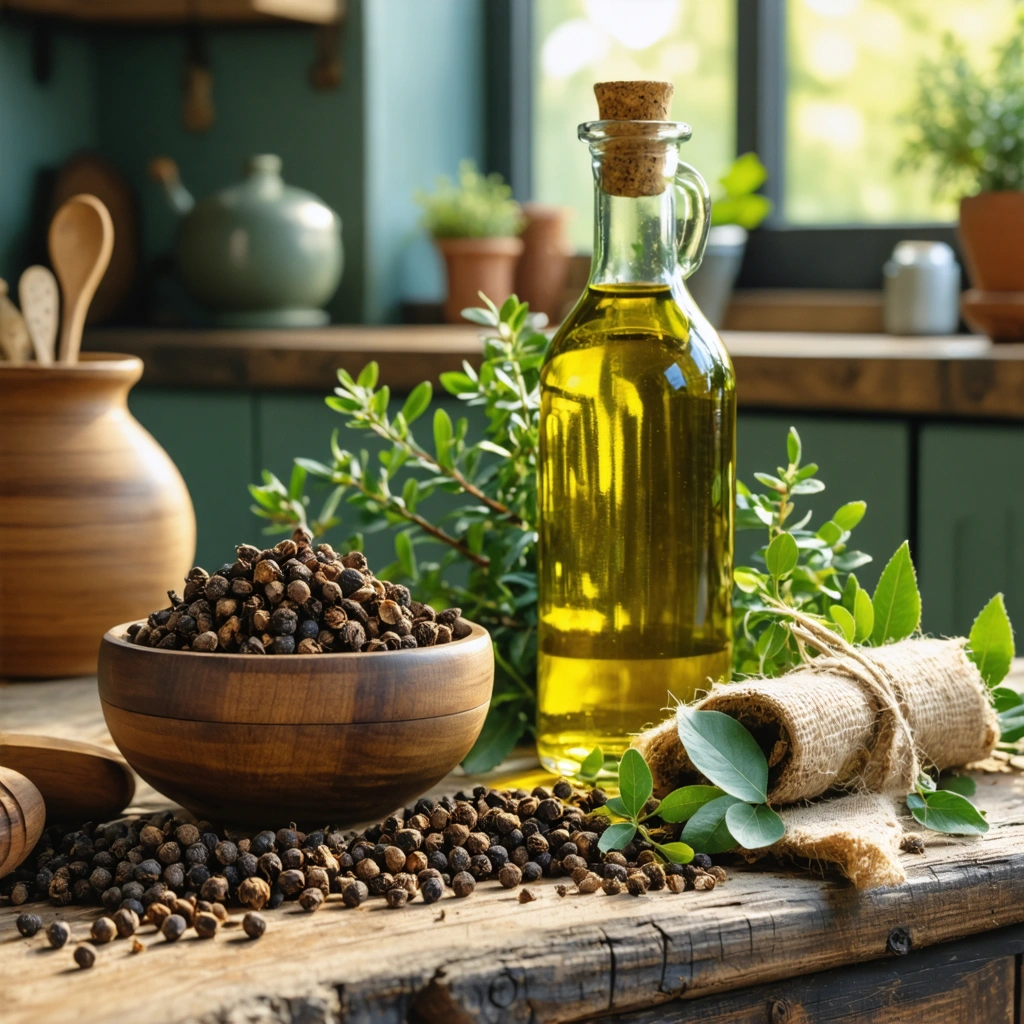 Un bol en bois contenant des clous de girofle, une bouteille d'huile d'olive et une pâte maison posés sur un plan de travail rustique dans une cuisine chaleureuse.