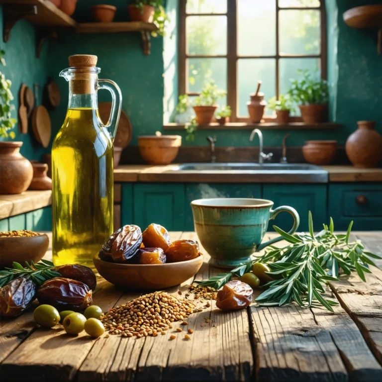 Une table avec huile d'olive, dattes et tisane, remèdes naturels pour la constipation