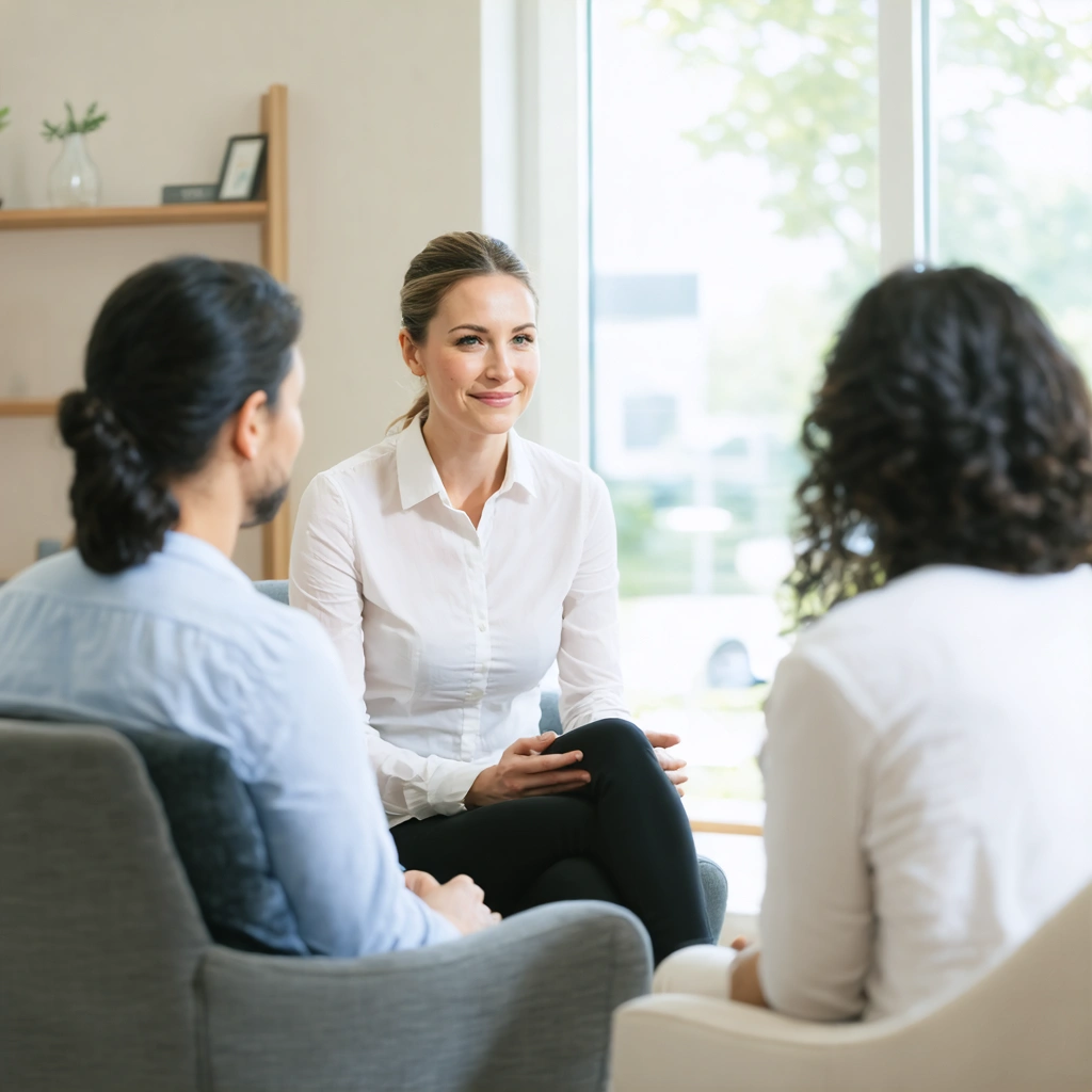 Un thérapeute dans un bureau chaleureux en train d'écouter un patient avec bienveillance, représentant une ambiance apaisante et professionnelle.