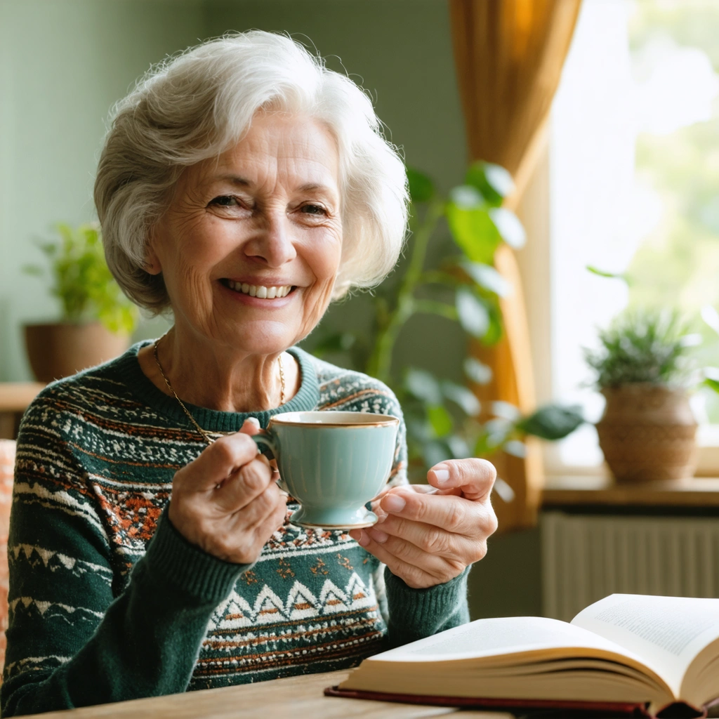 Mamie Colette souriante tenant une tasse dans un salon chaleureux tout en expliquant une technique apaisante.