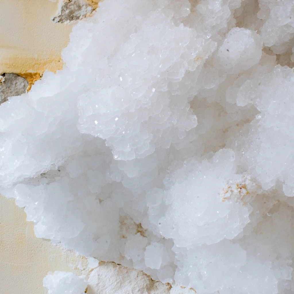 Un gros plan sur un mur intérieur avec des cristaux blanchâtres de salpêtre, montrant une humidité visible et une texture endommagée.