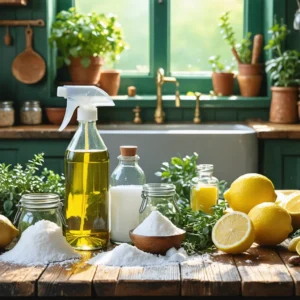 Cuisine chaleureuse avec ingrédients naturels comme le bicarbonate, le citron et le vinaigre.