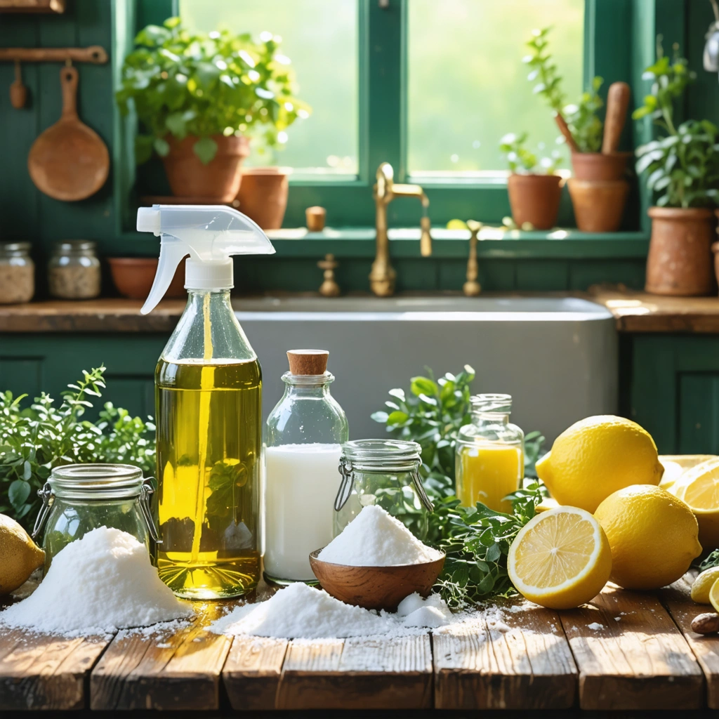 Cuisine chaleureuse avec ingrédients naturels comme le bicarbonate, le citron et le vinaigre.