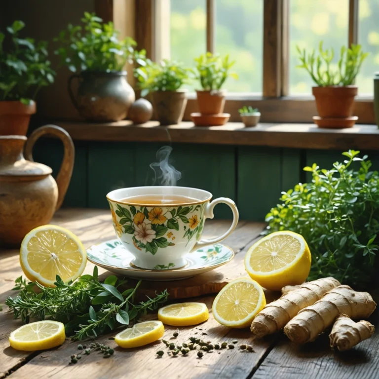 Une table de cuisine avec une tasse de tisane, des tranches de citron, du gingembre et des herbes fraîches pour les remèdes digestifs.