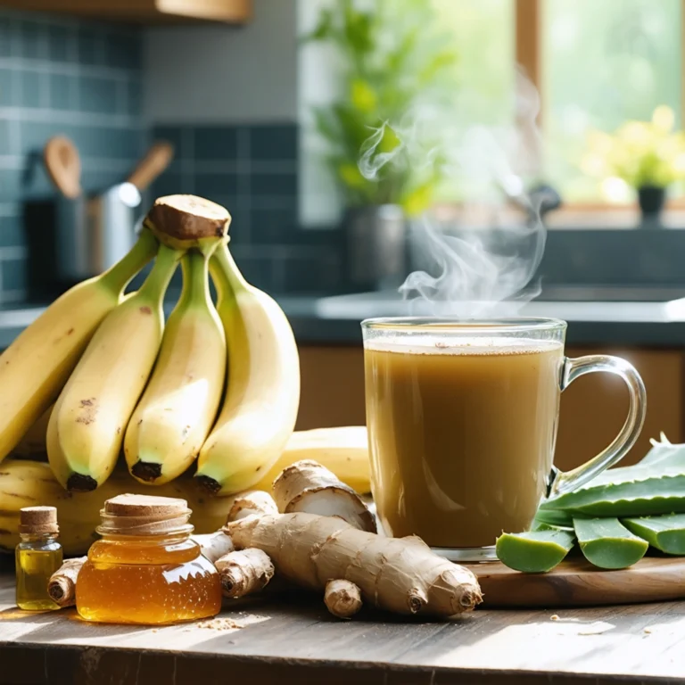 Un plan de cuisine chaleureux avec du miel, du gingembre, des bananes, du jus d'aloe vera et une tasse de tisane apaisante.