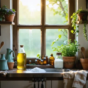 Cuisine rustique française avec remèdes naturels comme le vinaigre blanc et bicarbonate de soude.