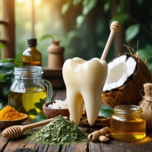 Une dent qui bouge accompagnée de remèdes naturels comme thé vert, curcuma et huile de coco.