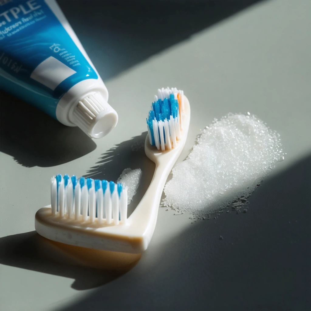 Un tube de dentifrice et une vieille brosse à dents posés à côté d'une surface exfoliée, lisse et éclatante, dans une composition épurée et lumineuse.