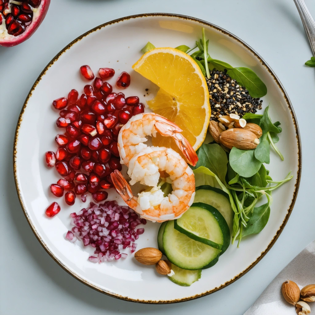 Une assiette équilibrée et colorée contenant des grenades, des noix et des crevettes, présentée dans une ambiance chaleureuse et lumineuse, mettant en valeur la fraîcheur des ingrédients.