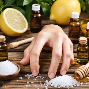 Un doigt gonflé entouré de remèdes naturels tels que du citron, du sel et des huiles essentielles.