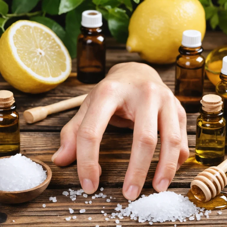 Un doigt gonflé entouré de remèdes naturels tels que du citron, du sel et des huiles essentielles.