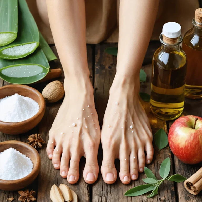 Main et pied souffrant de dyshidrose avec des remèdes naturels comme aloe vera, bicarbonate, huile essentielle et vinaigre de cidre.