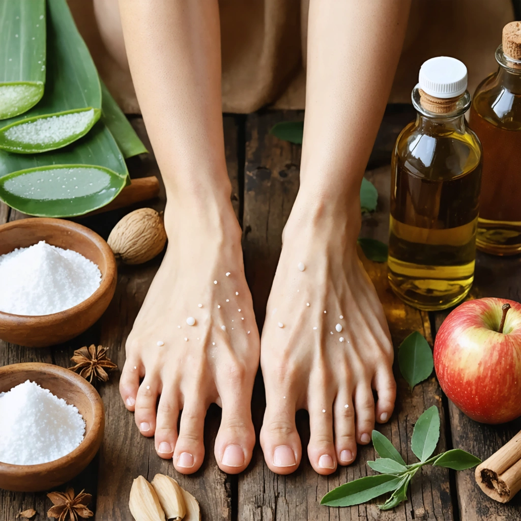 Main et pied souffrant de dyshidrose avec des remèdes naturels comme aloe vera, bicarbonate, huile essentielle et vinaigre de cidre.