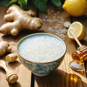 Une tasse d'eau de riz avec des ingrédients naturels comme du miel, du gingembre et un citron sur une table en bois rustique.