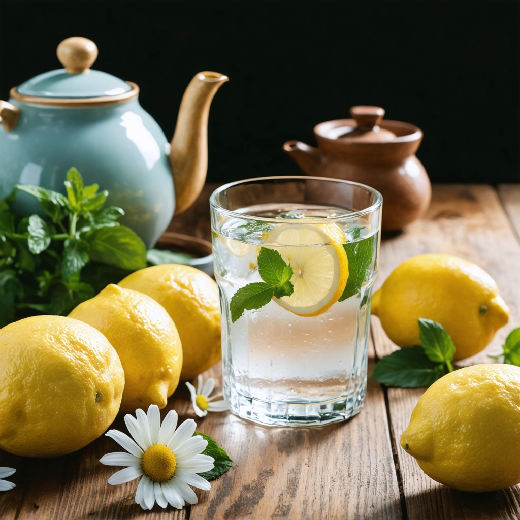 Un verre d'eau posé sur une table en bois entouré de citrons, d'une théière et de plantes comme la camomille et la menthe, dans une ambiance chaleureuse et naturelle.