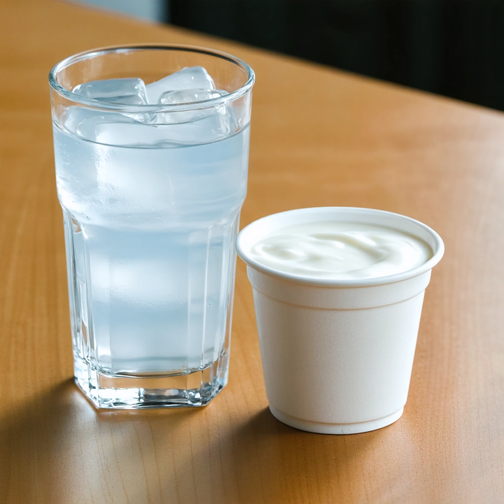 Un verre d'eau froide avec des glaçons à côté d'un pot de yaourt nature sur une table en bois, représentant des options apaisantes et rafraîchissantes.