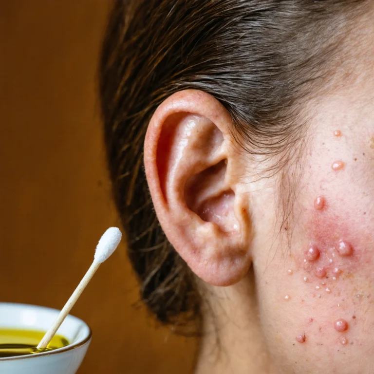 Oreille avec eczéma, accompagnée d'huile d'olive et d'un coton-tige pour remède naturel