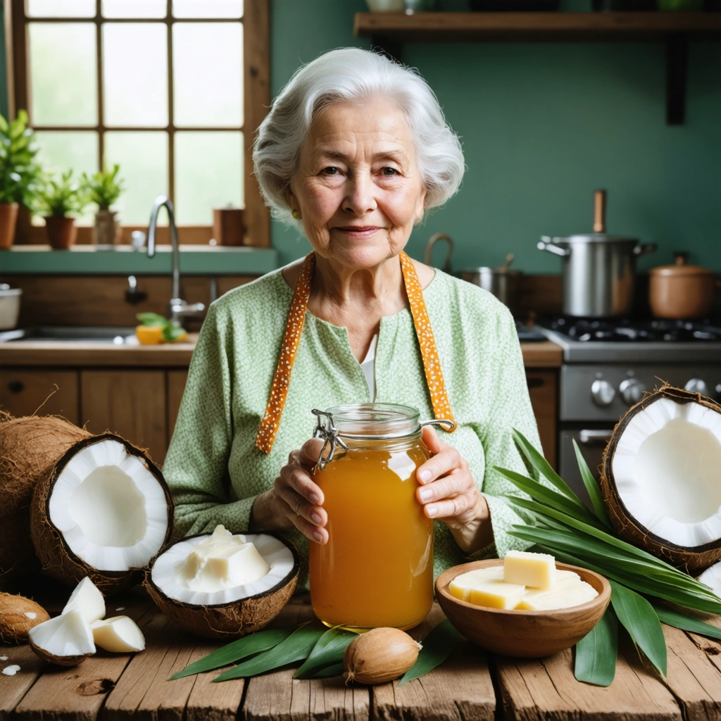 Une femme âgée avec un pot de miel, entourée de remèdes naturels comme l'huile de coco et le beurre de karité, dans une cuisine chaleureuse.