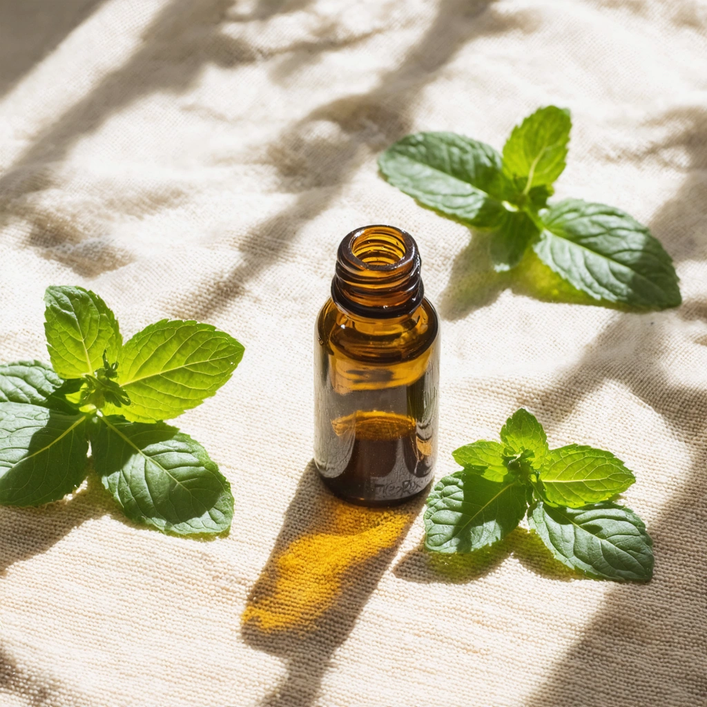 Un petit flacon d'huile essentielle de menthe poivrée posé sur un tissu naturel, entouré de feuilles de menthe fraîche, avec une lumière douce et apaisante.
