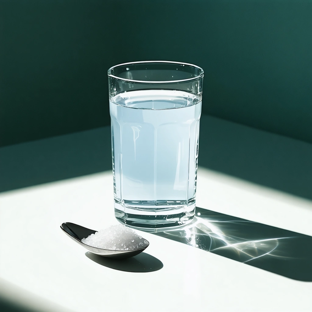 Un verre d'eau tiède avec une cuillère de sel à côté, représentant un remède maison simple et naturel.