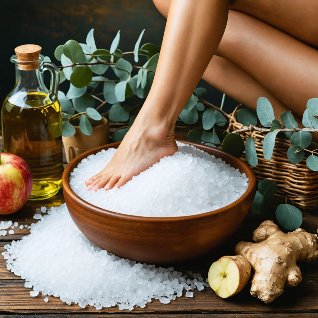Un genou en train de tremper dans un bain de sel d'Epsom avec des éléments naturels comme du gingembre et du vinaigre de cidre autour.
