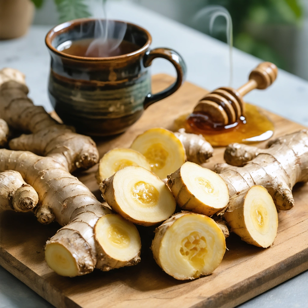 Un thé au gingembre fumant dans une tasse rustique avec des tranches de gingembre frais et un pot de miel à côté, éclairé par une douce lumière naturelle.