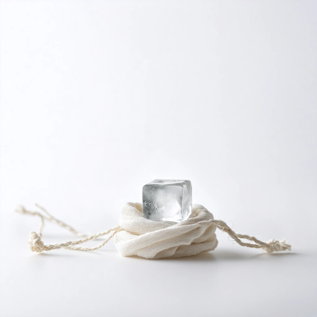 Un petit glaçon enveloppé dans un tissu fin appliqué sur une zone irritée pour soulager la douleur, avec une ambiance apaisante et des tons neutres.