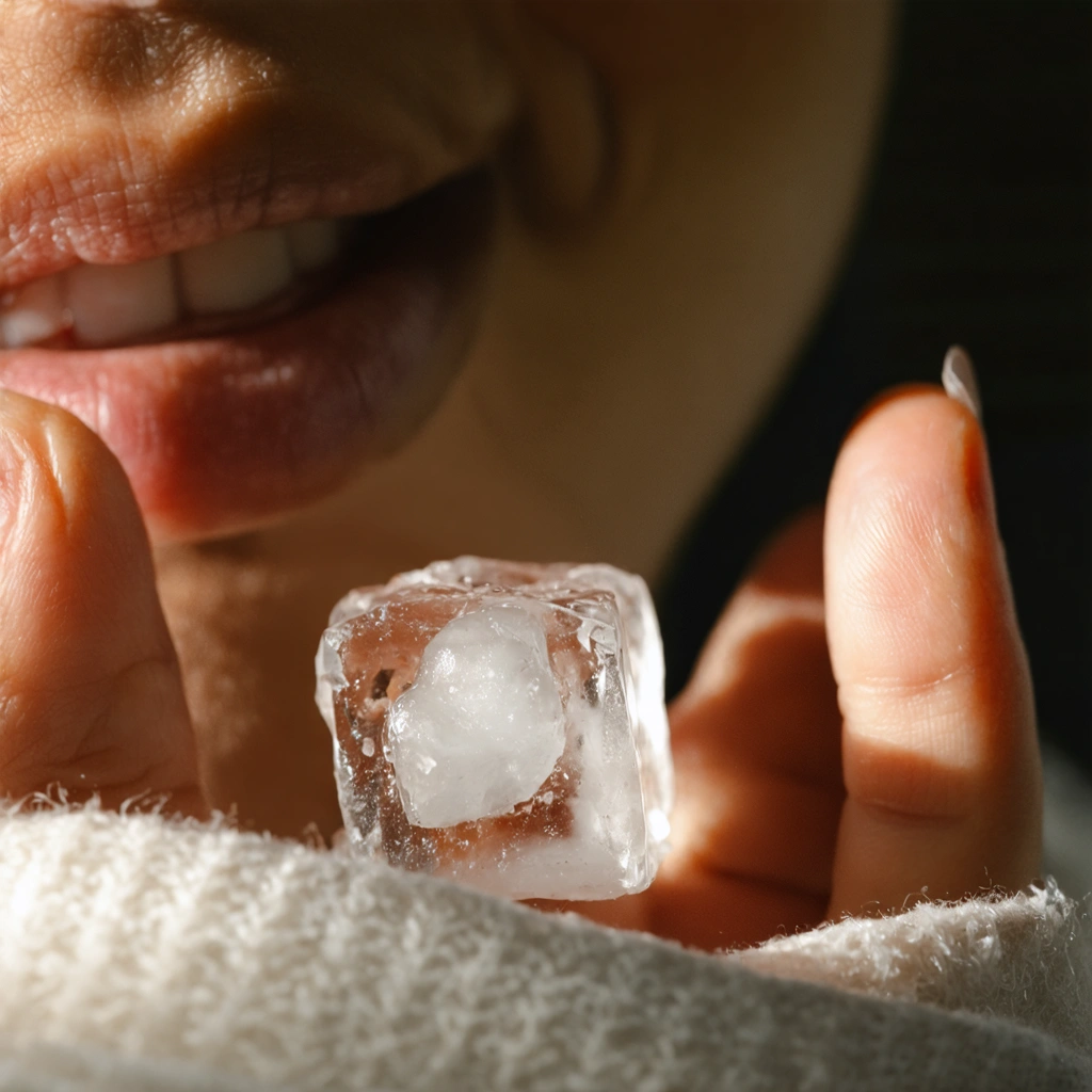 Un gros plan d'une main tenant un glaçon enveloppé dans un mouchoir propre, appliqué sur une lèvre pour apaiser un aphte.