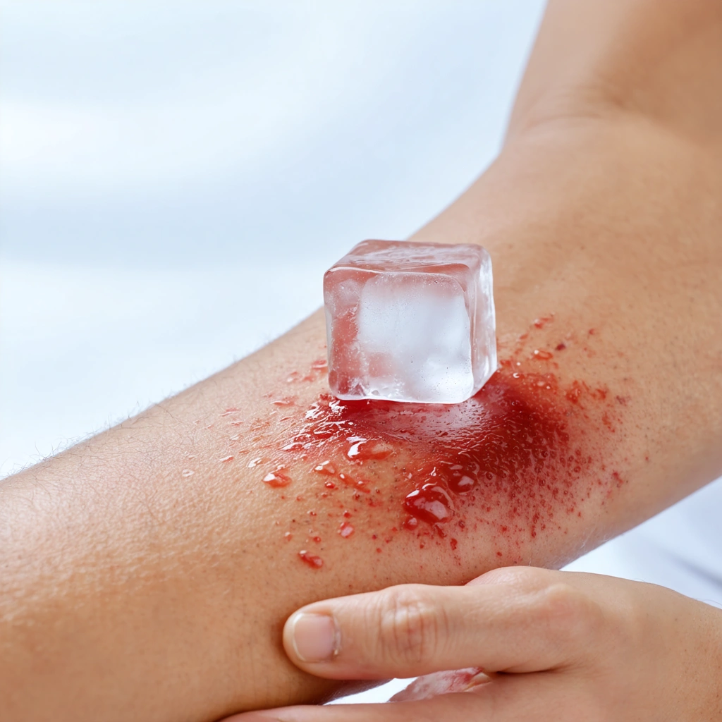 Un glaçon enveloppé dans un linge fin appliqué doucement sur une zone rouge et enflammée de peau pour calmer les démangeaisons.