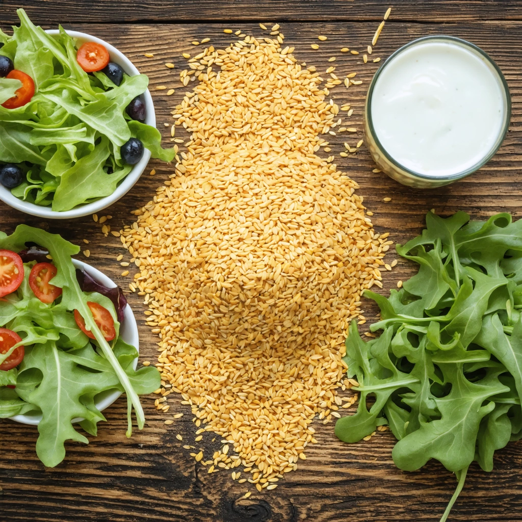 Des graines de lin dorées sur une table en bois, entourées de légumes verts pour salade, un bol de yaourt et un verre de smoothie, évoquant leur utilité pour la santé.