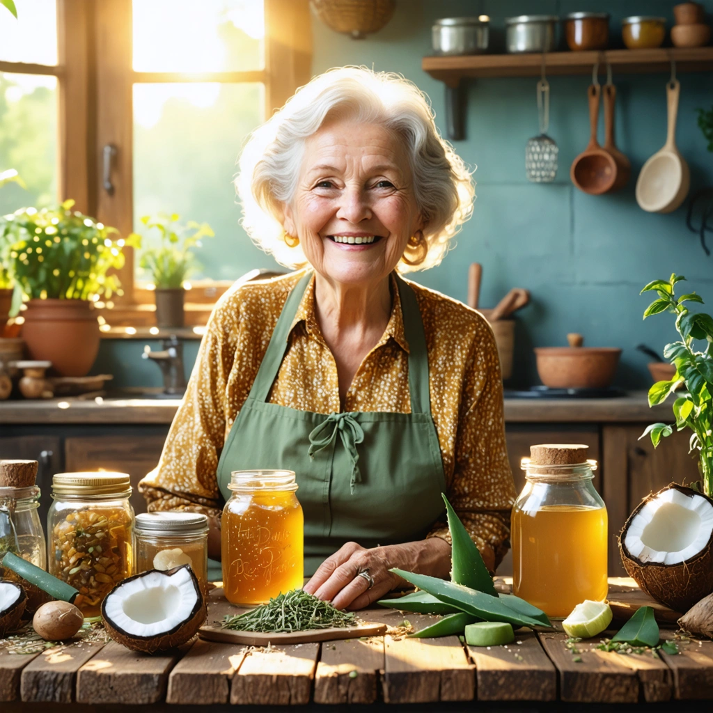 Une grand-mère souriante partage des remèdes naturels dans sa cuisine chaleureuse, entourée d'ingrédients comme du miel et de l'huile de coco.