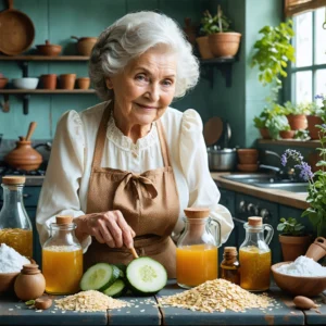 Une grand-mère dans une cuisine préparant des remèdes naturels pour calmer les rougeurs du visage.