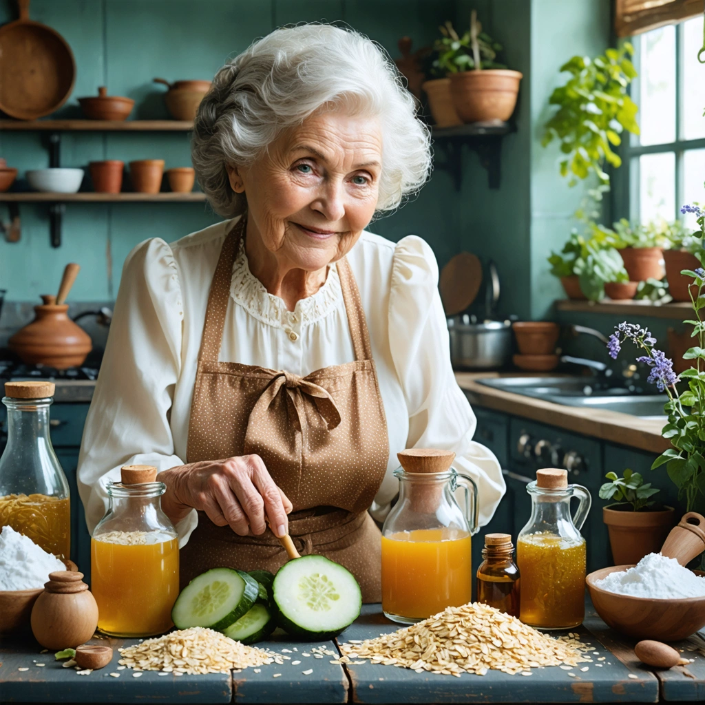 Une grand-mère dans une cuisine préparant des remèdes naturels pour calmer les rougeurs du visage.
