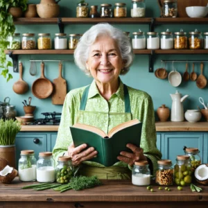 Mamie dans une cuisine vintage, tenant un livre de recettes avec des ingrédients naturels autour d'elle