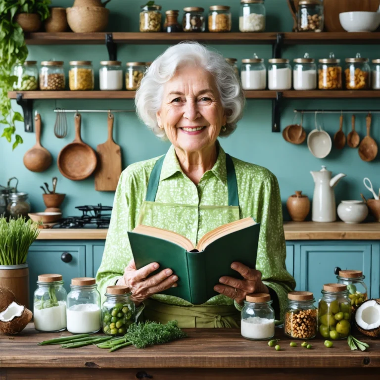 Mamie dans une cuisine vintage, tenant un livre de recettes avec des ingrédients naturels autour d'elle