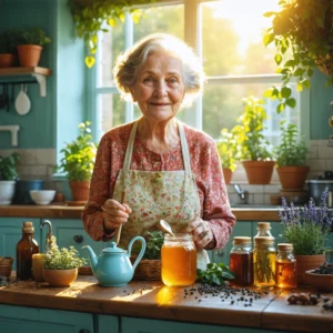 Une grand-mère dans une cuisine, tenant un pot de miel et entourée de remèdes naturels comme des plantes et du thé.