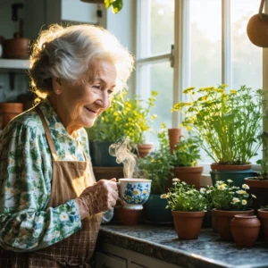 Une grand-mère dans une cuisine chaleureuse tenant une tasse de tisane avec des plantes médicinales autour d'elle.